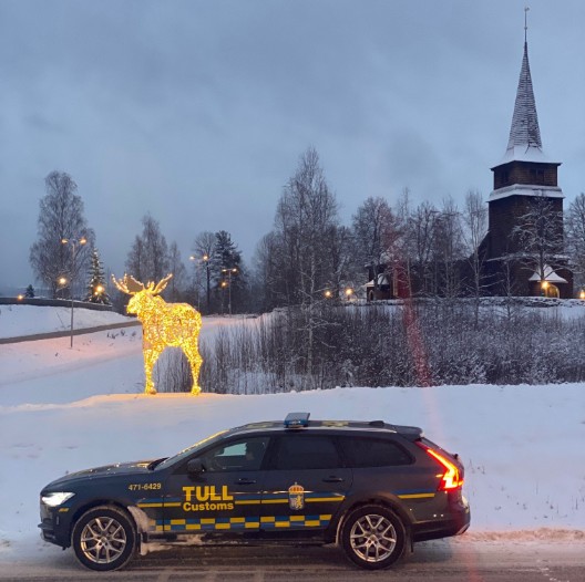 Foto av en självlysande älg med Tullverkets bil i förgrunden.